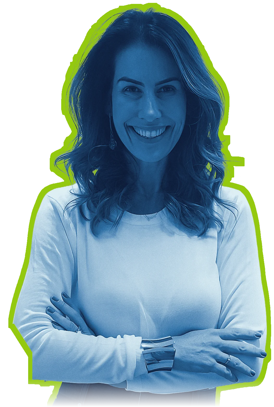 Dra. Renata Moreira Coelho sorrindo, de braços cruzados, recortada com contorno verde-limão